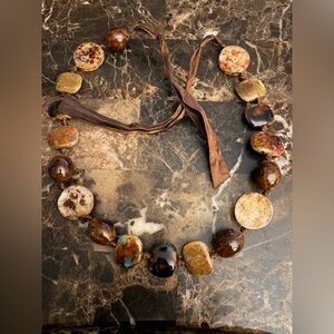 Boho Earth-Tone Beaded Necklace with Ribbon Tie Closure